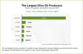 Diagramm der größten Olivenölproduzenten im Jahr 2015 in Megatonnen, mit Europa an der Spitze, gefolgt von der Türkei, Marokko, Syrien, Tunesien und Algerien.